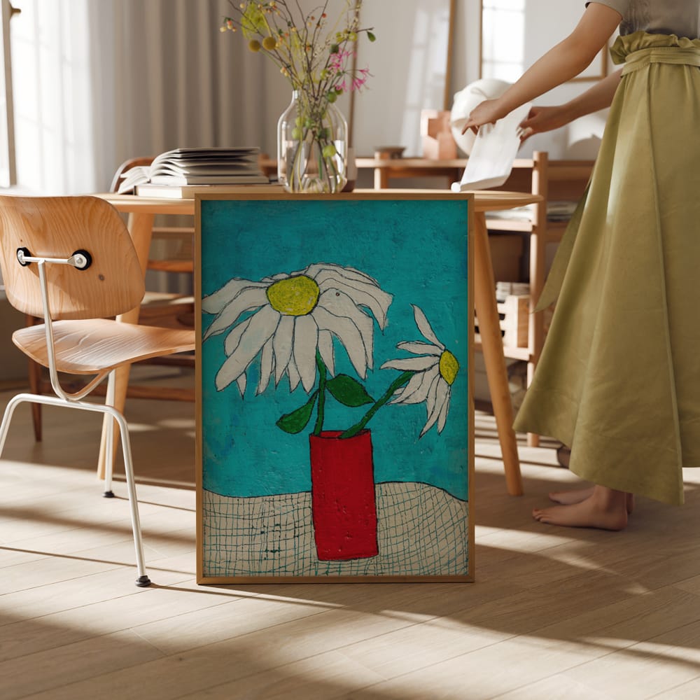 White Daisies In Red Vase