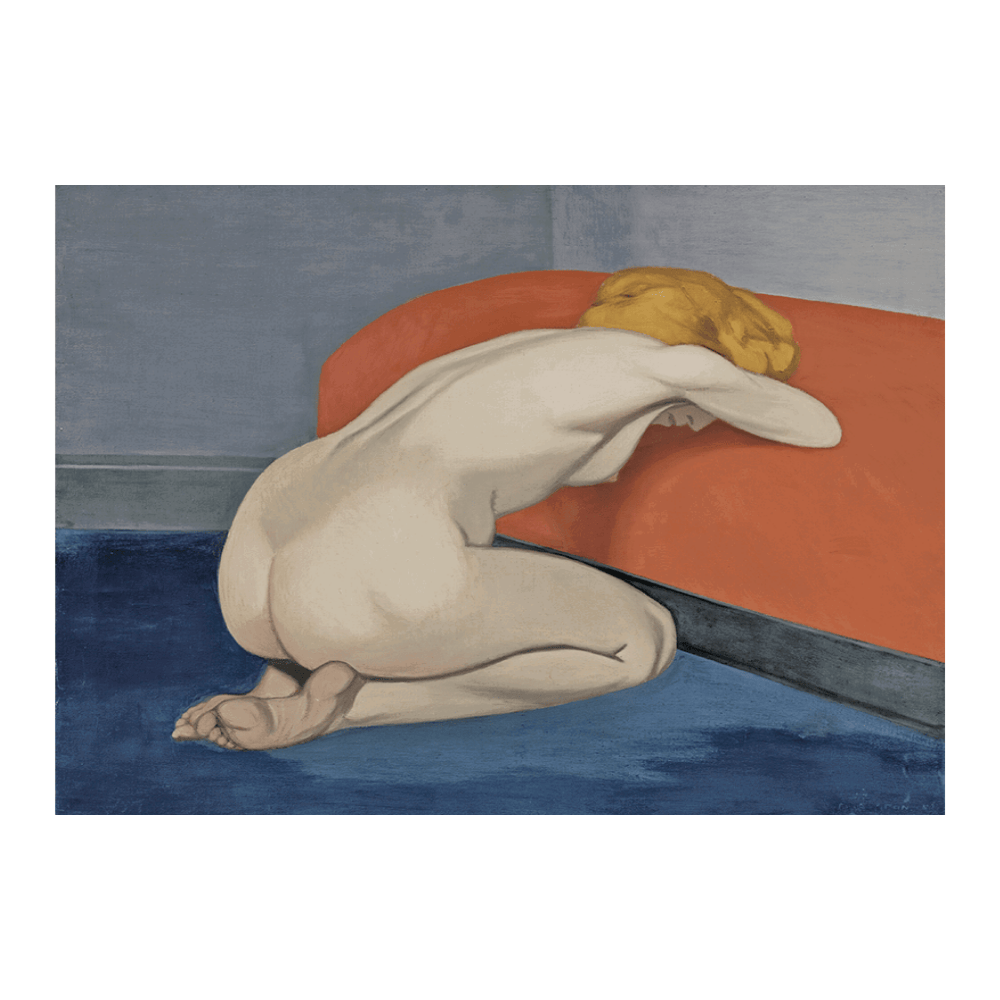 Félix Vallotton: "Naked Woman Kneeling In Front of a Red Couch" (1915)