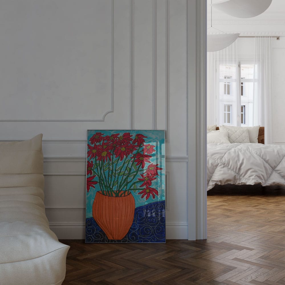 Orange Vase With Red Flowers