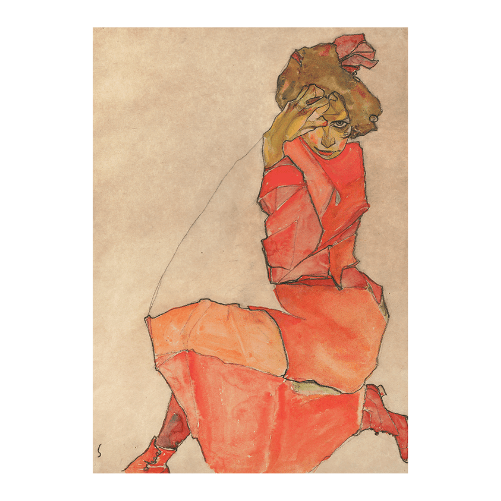 Egon Schiele: "Kneeling Female in Orange Red Dress" (1910)