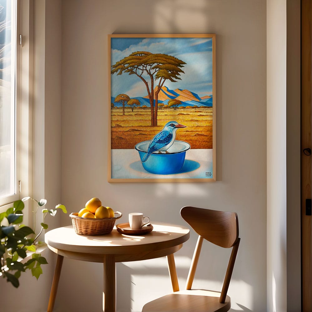 Kingfisher With Blue Enamel Bowl