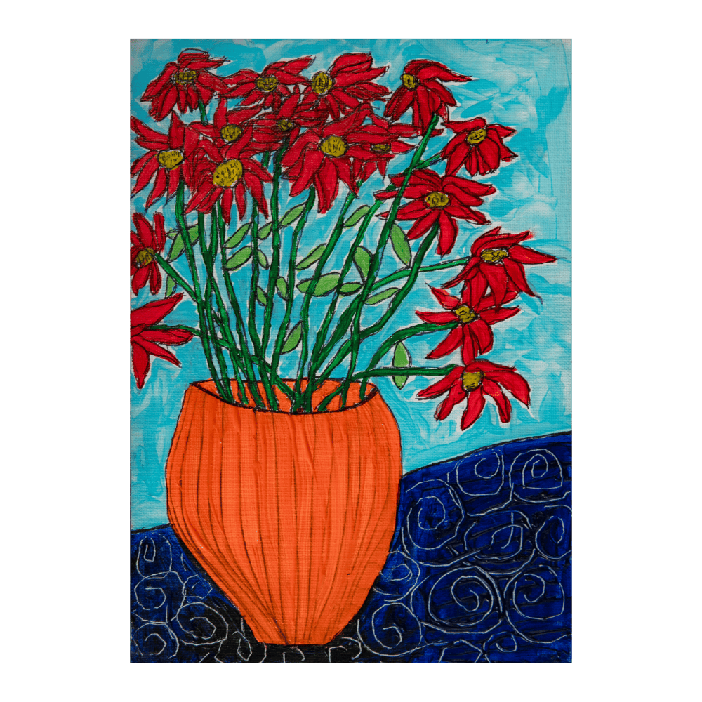 Orange Vase With Red Flowers