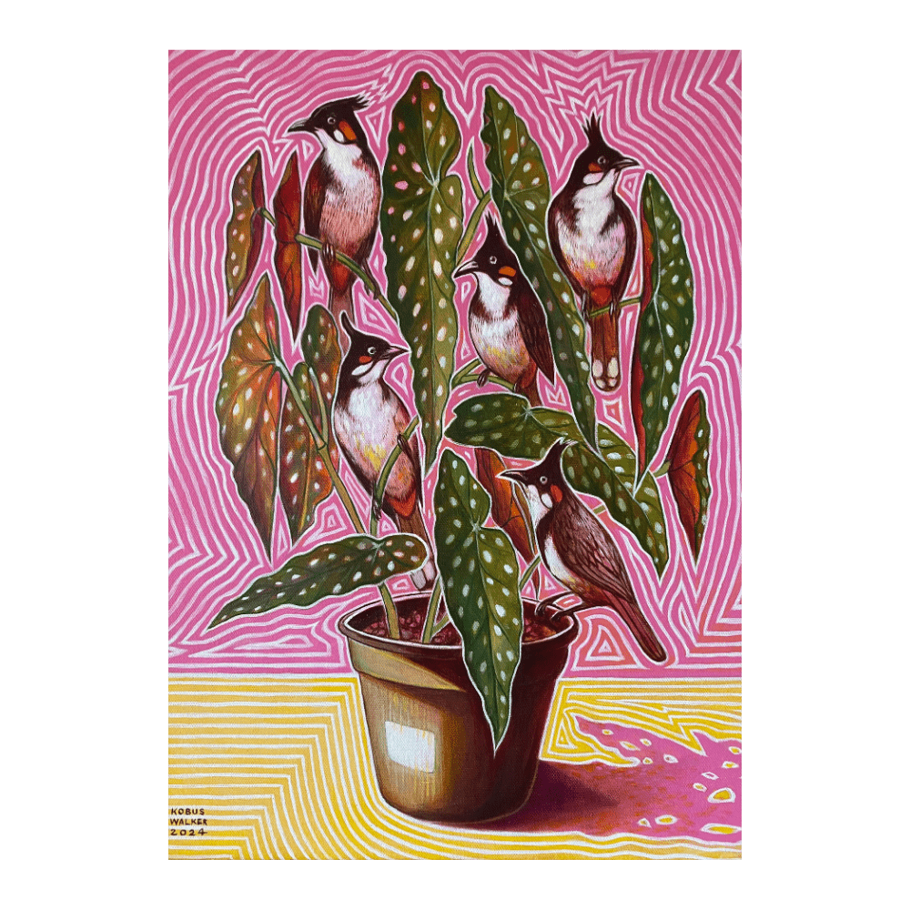 Red-Whiskered Bulbuls With Polkadot Begonia
