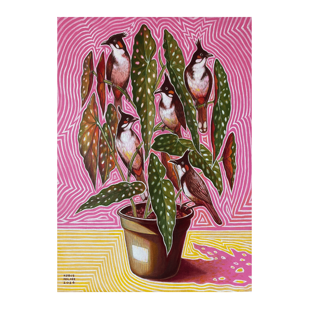 Red-Whiskered Bulbuls With Polkadot Begonia