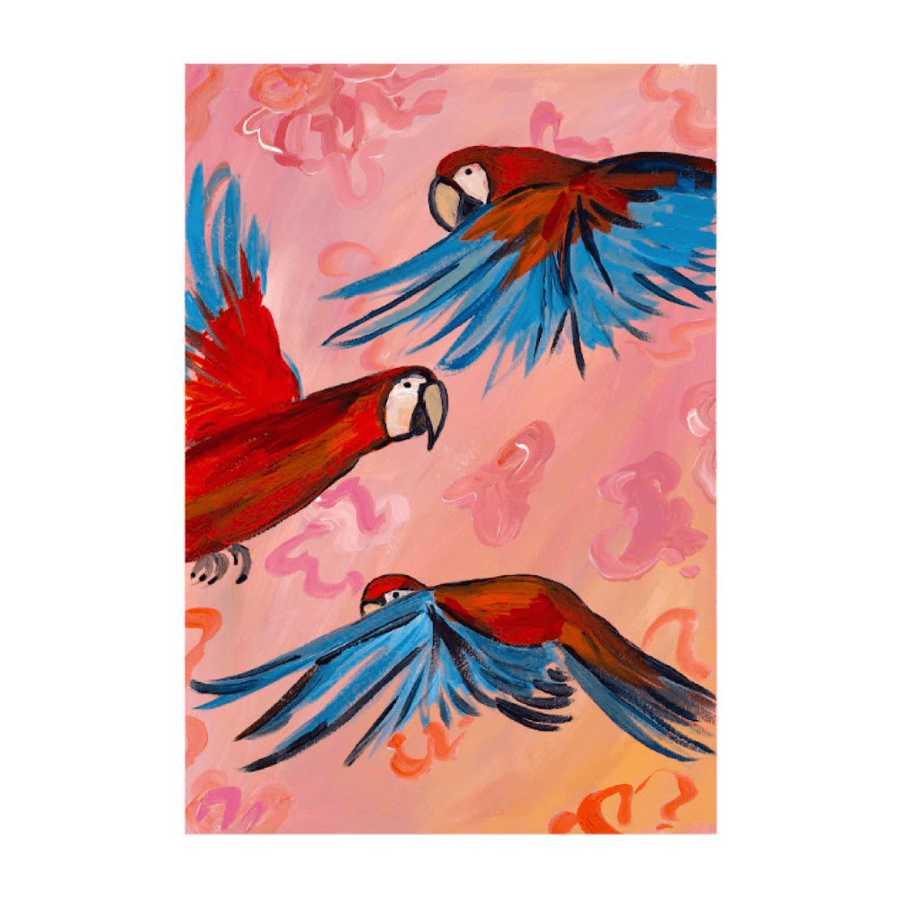Red Parrots In Flight