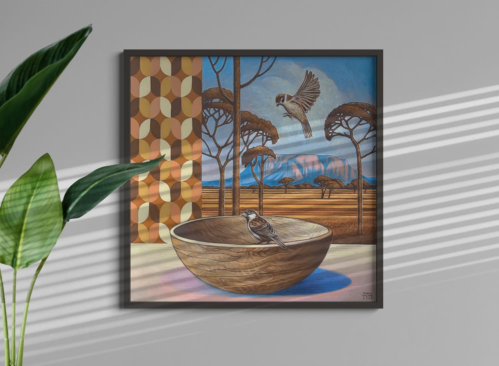 Wooden Bowl With Sparrows