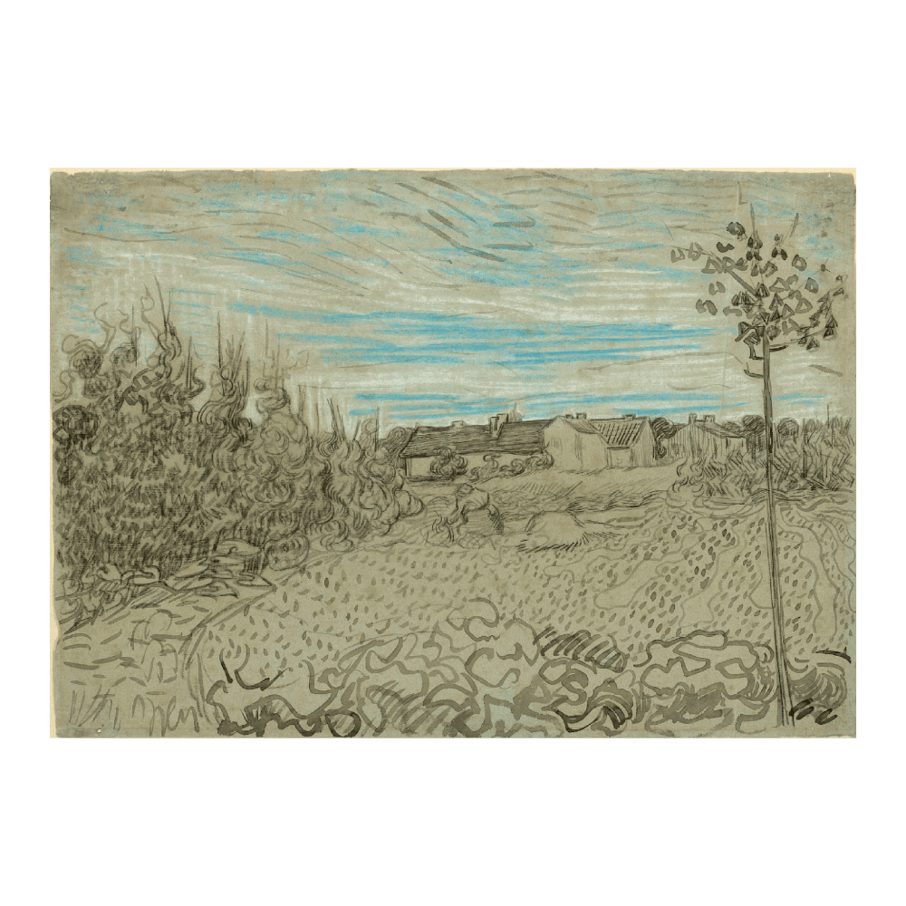 Van Gogh: "Cottages with a Women Working in the Middle Ground (1890)"