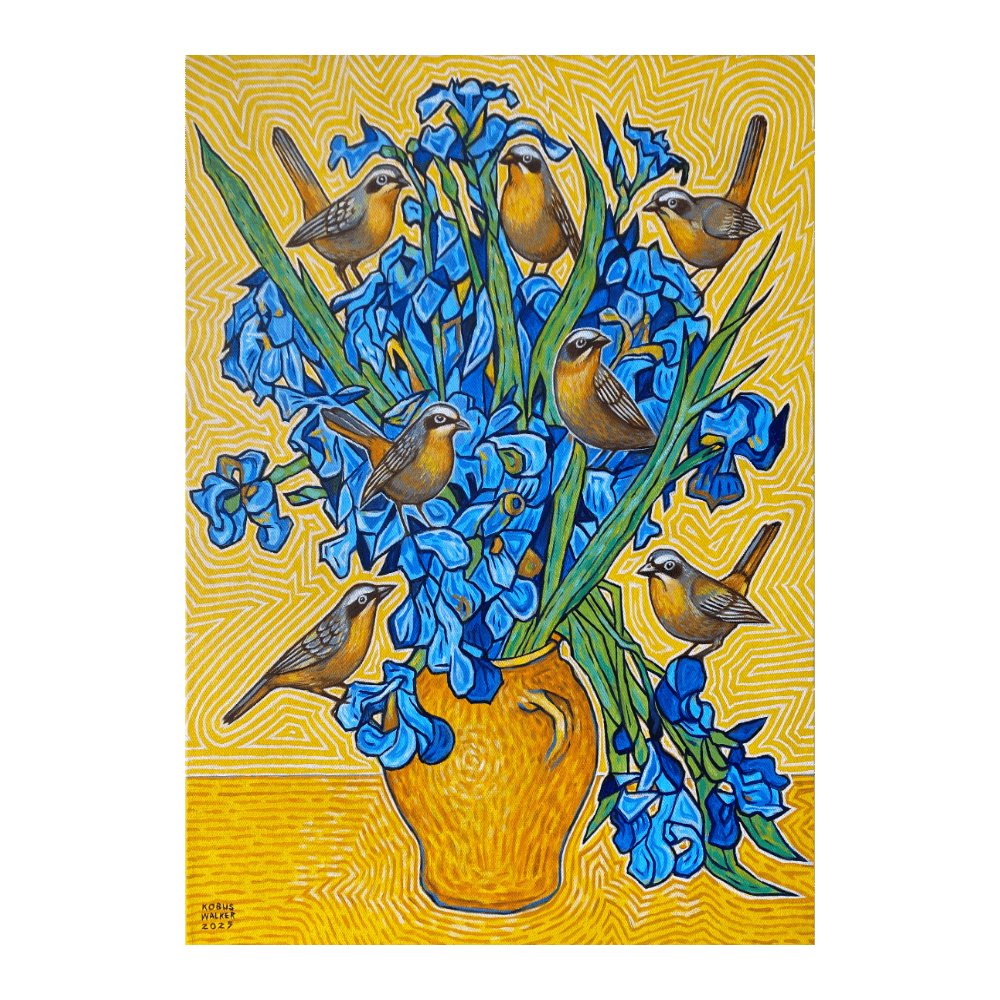 Vase With Irises And Robins