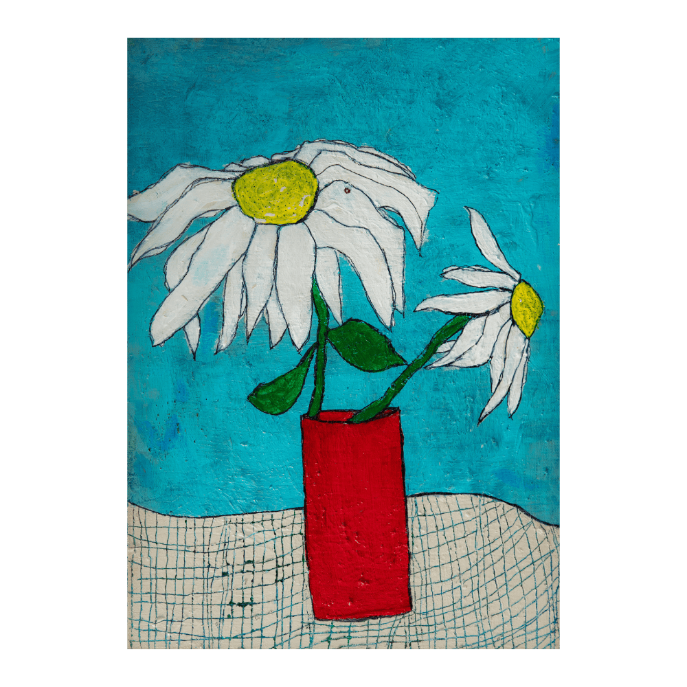 White Daisies In Red Vase