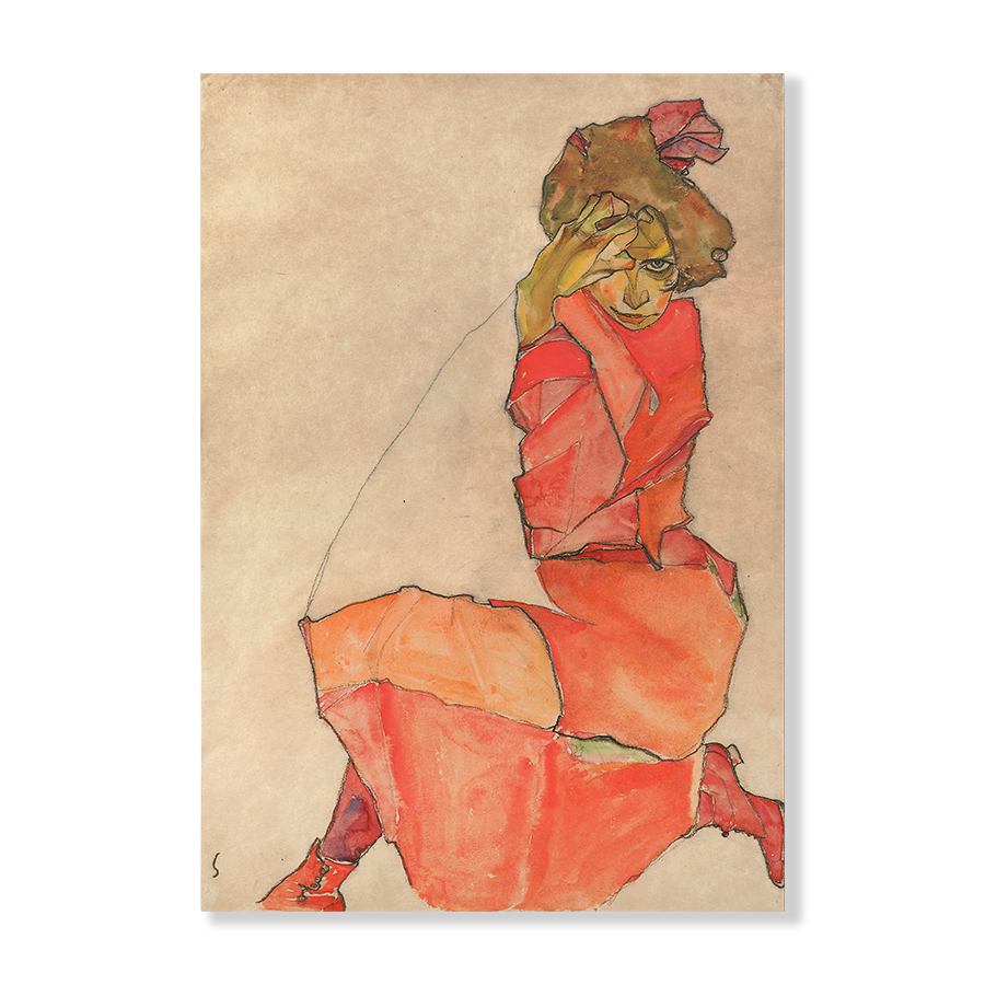 Egon Schiele: "Kneeling Female in Orange Red Dress" (1910)